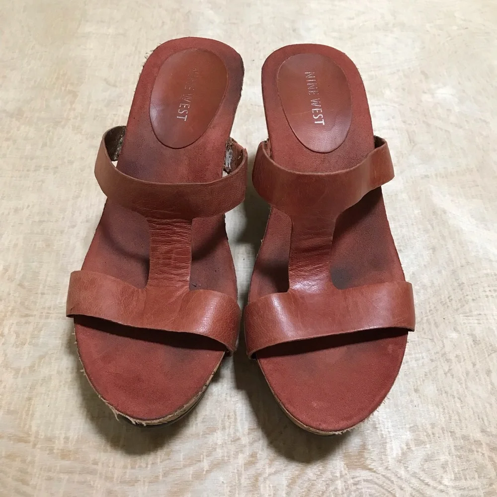 Nine West Enfete Wedges Leather Sandals Size 8